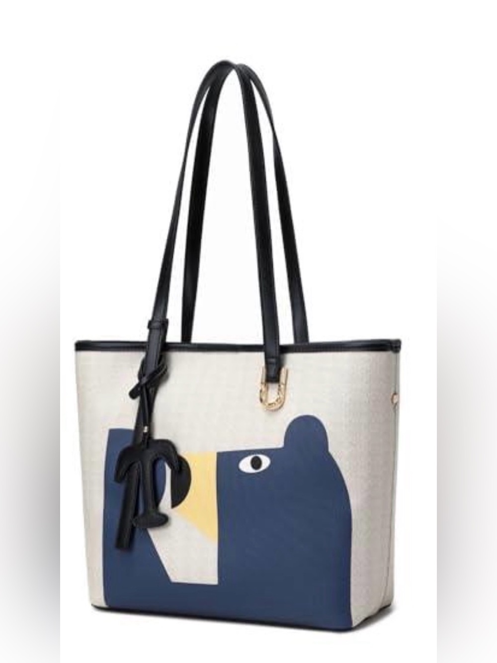 Bear Print Tote Bag Large Canvas Vegan Leather Shoulder Bag Neutral Graphic